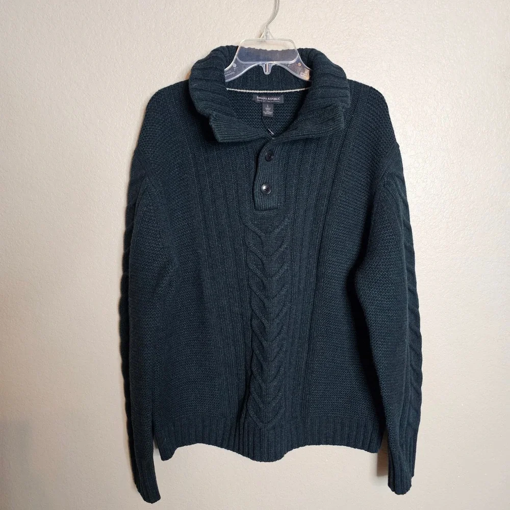 NWT Banana Republic Mens Green Italian Merino Wool Cable Knit Sweater Large